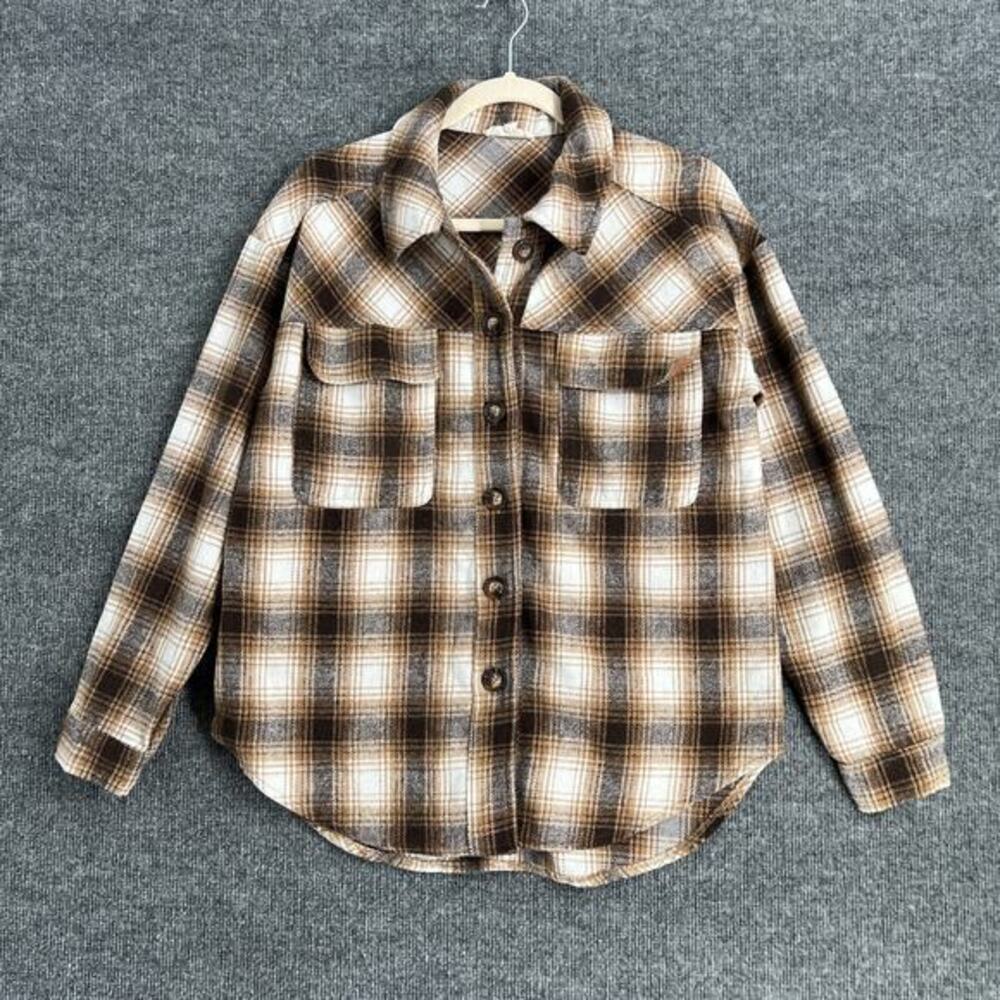 La Hearts Womens Plaid Shacket Shirt Jacket Size XS/S Brown Flannel Boyfriend